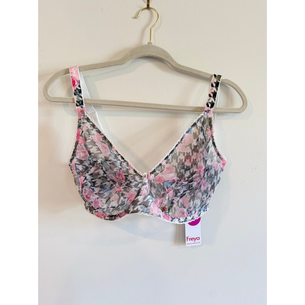 NWT Freya Rose Blossom Plunge Balcony Bra Floral Houndstooth Mesh 32K - Picture 1 of 5